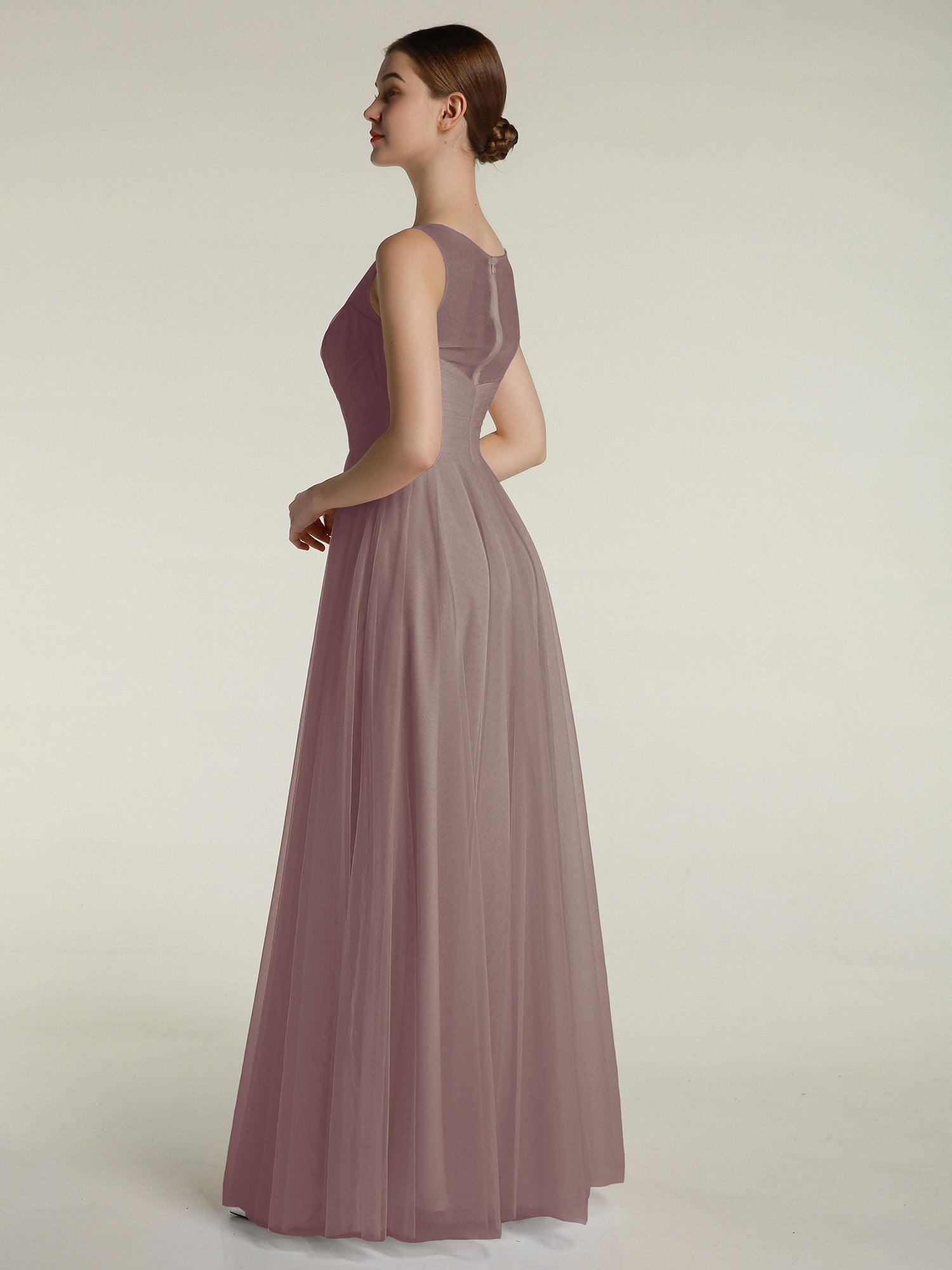 V-neck Tulle Floor Length Bridesmaid Dress Dusk